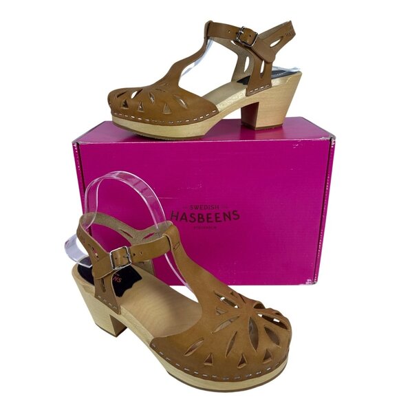 Swedish Hasbeens Women's Lacy Sandal Natural Leather Lime Wood Heels EU 37, US 7